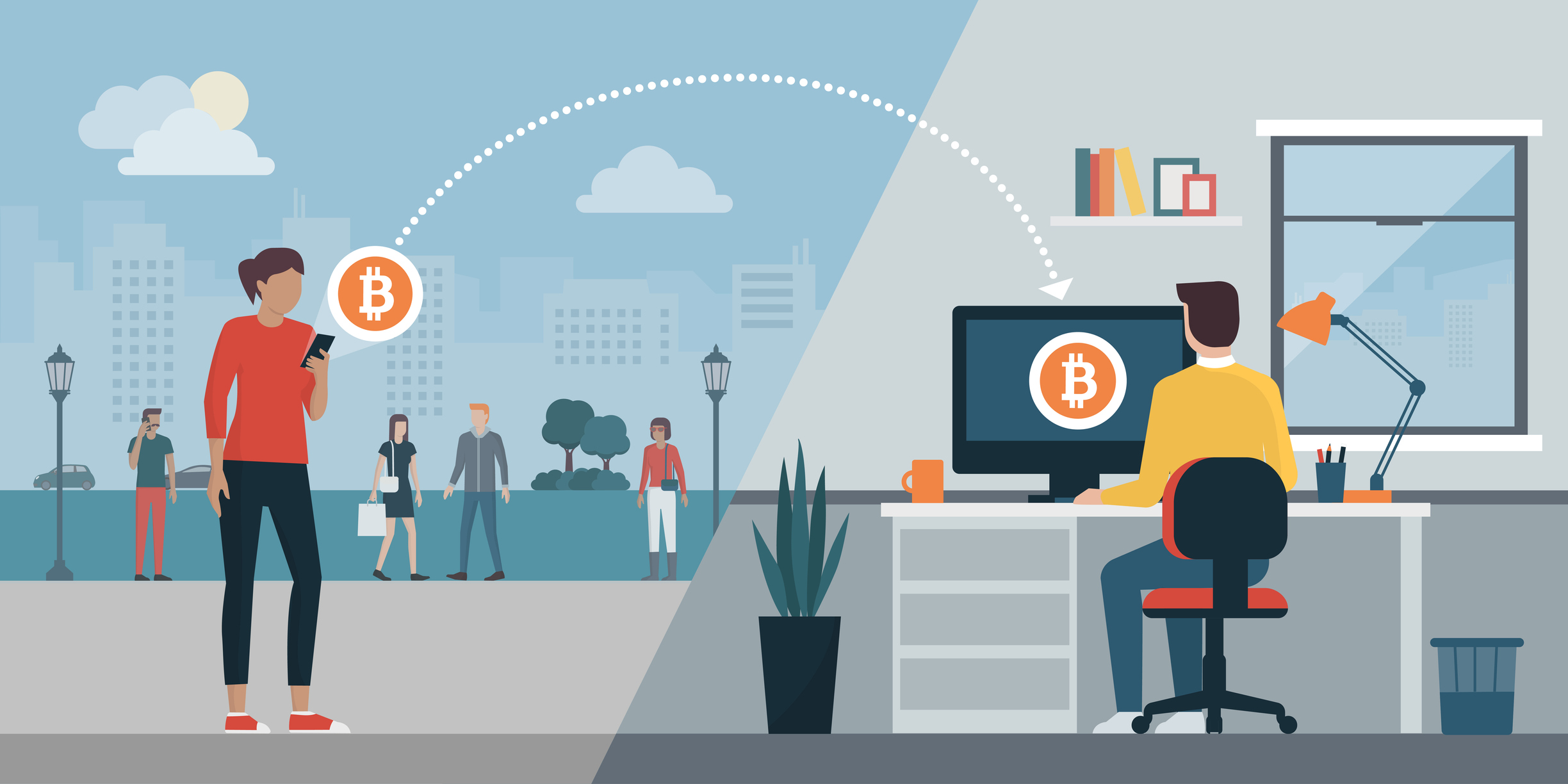 Woman sending bitcoins to another user's computer using a mobile app.