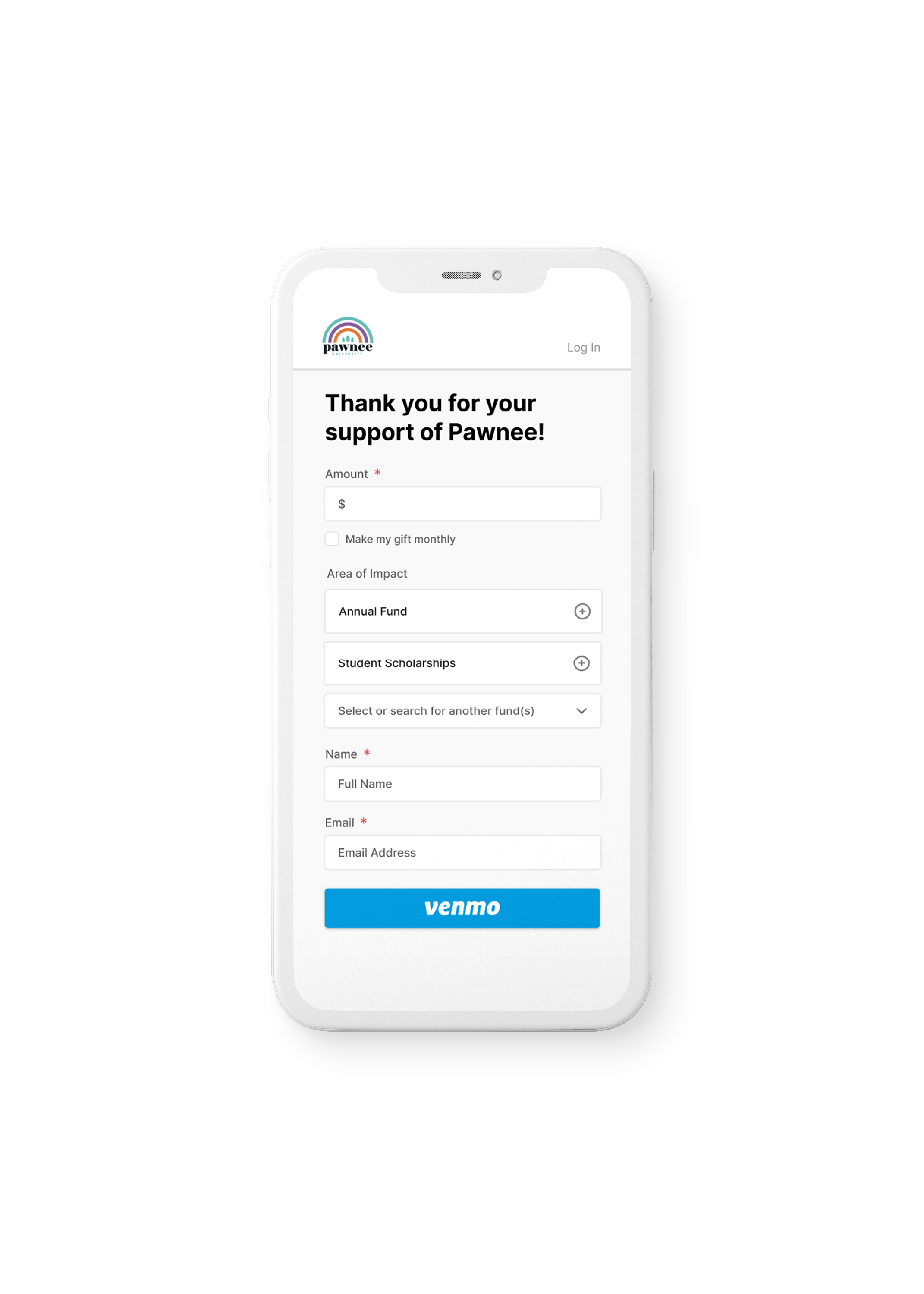 A mobile device displaying a giving form with different payment options.