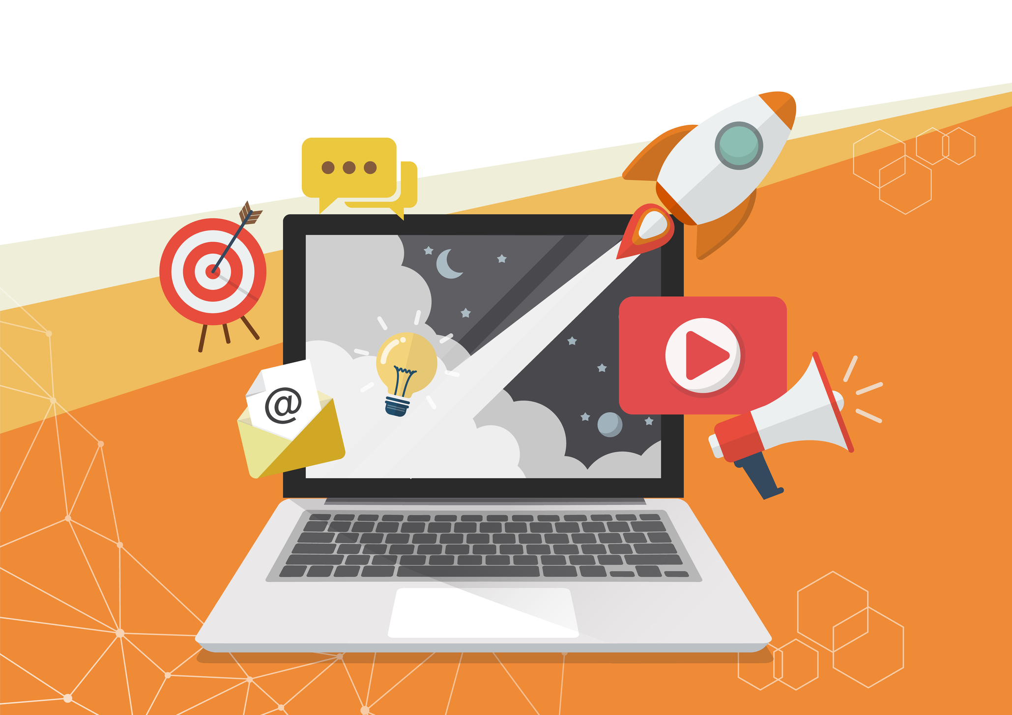 An illustration of a laptop showing multiple marketing channels on the screen.