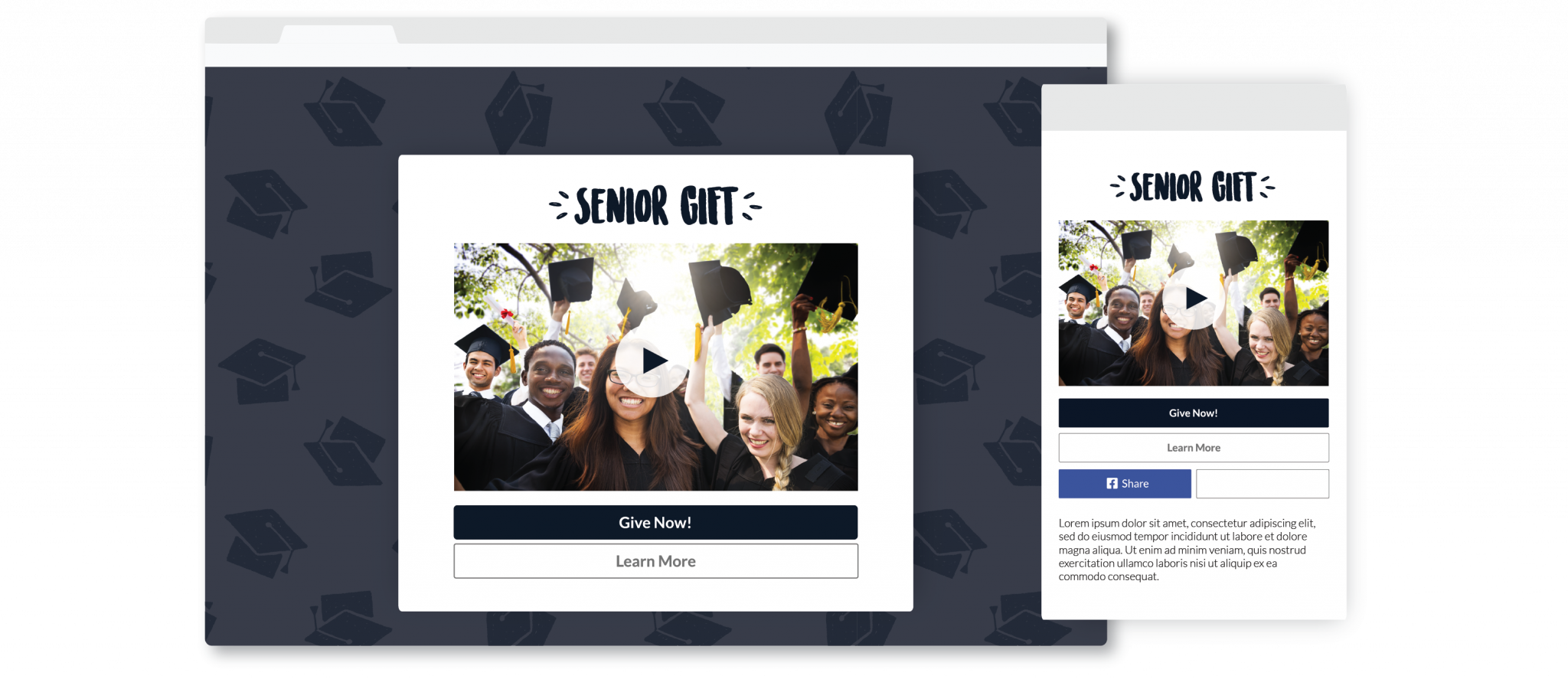 Senior Gift campaign landing page featuring video with Give Now, Learn More, and social share buttons.