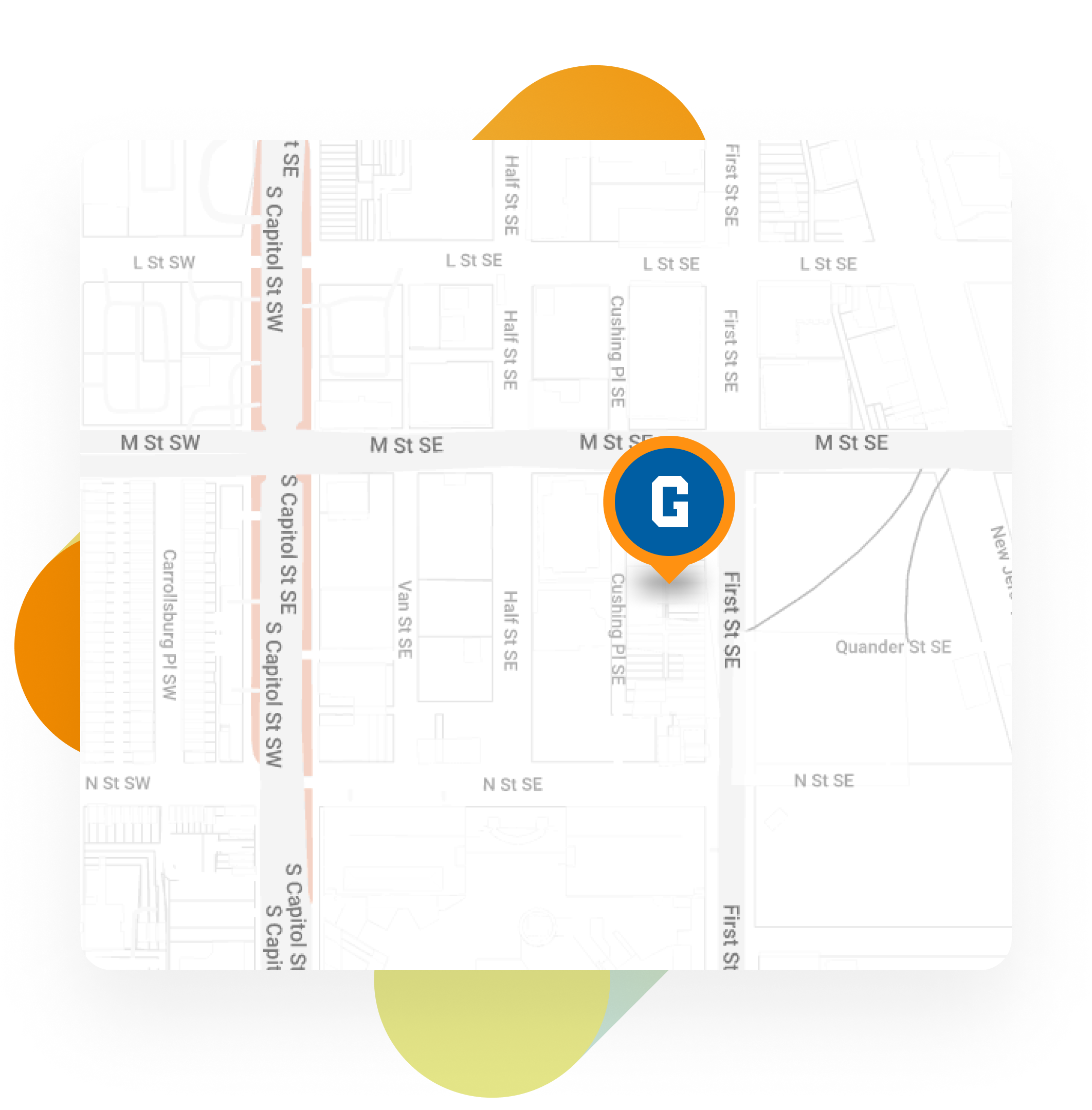 Map of Washington, DC area with pin identifying GiveCampus headquarters.