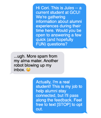 Fundraising text message example showing how to respond to someone who thinks you're a robot.