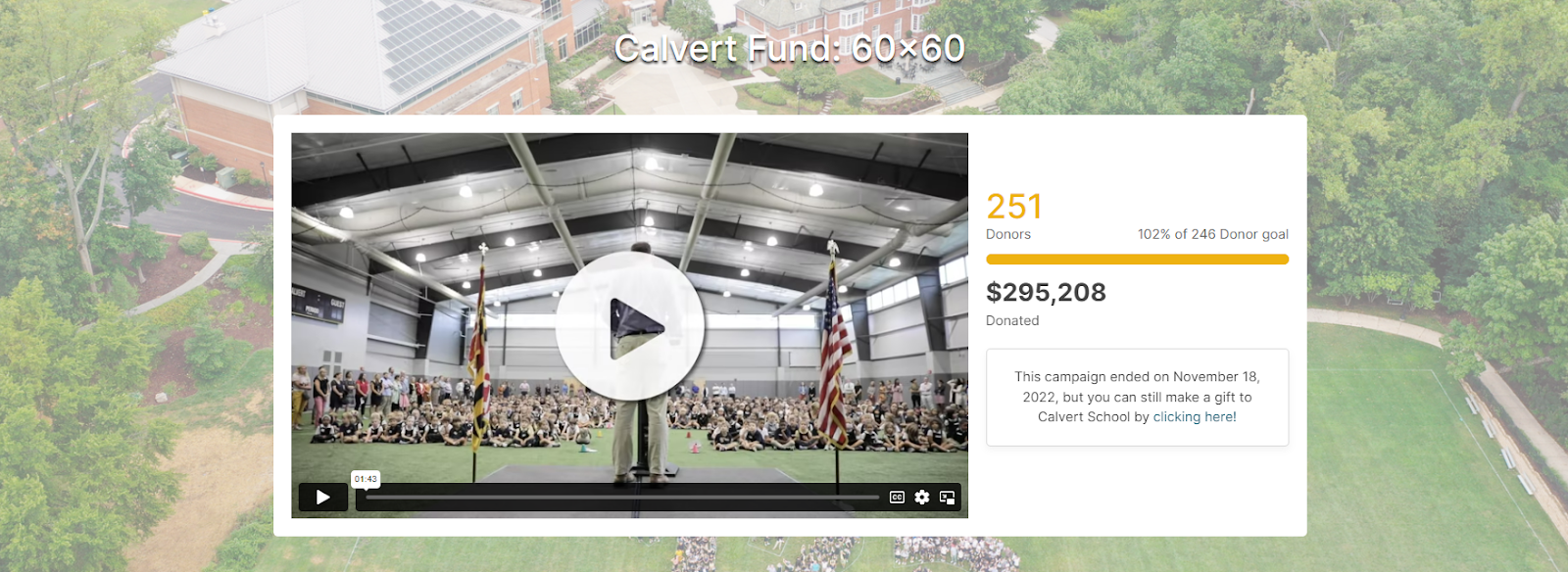 Campaign landing page of the Calvert school's 2022 parent donation campaign.