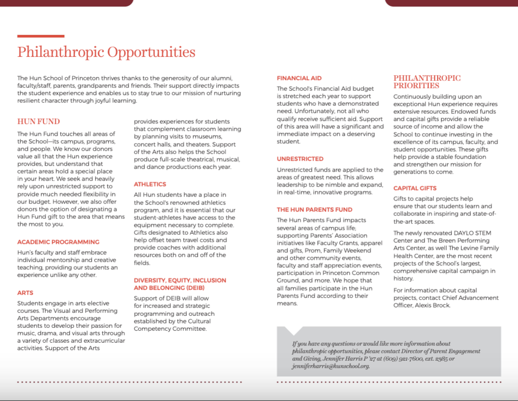Page from the Hun School parent guidebook