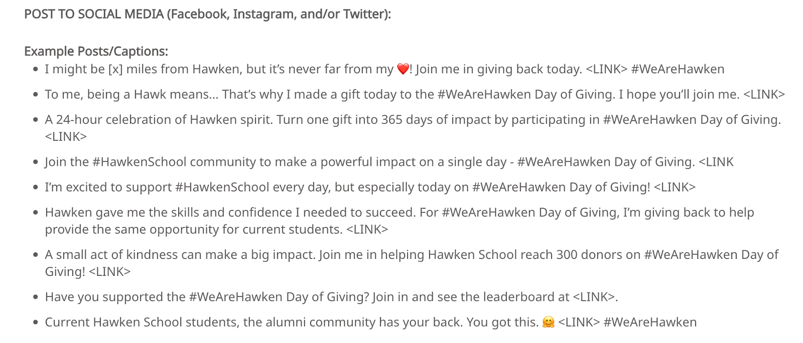 Examples of post templates for giving day posts
