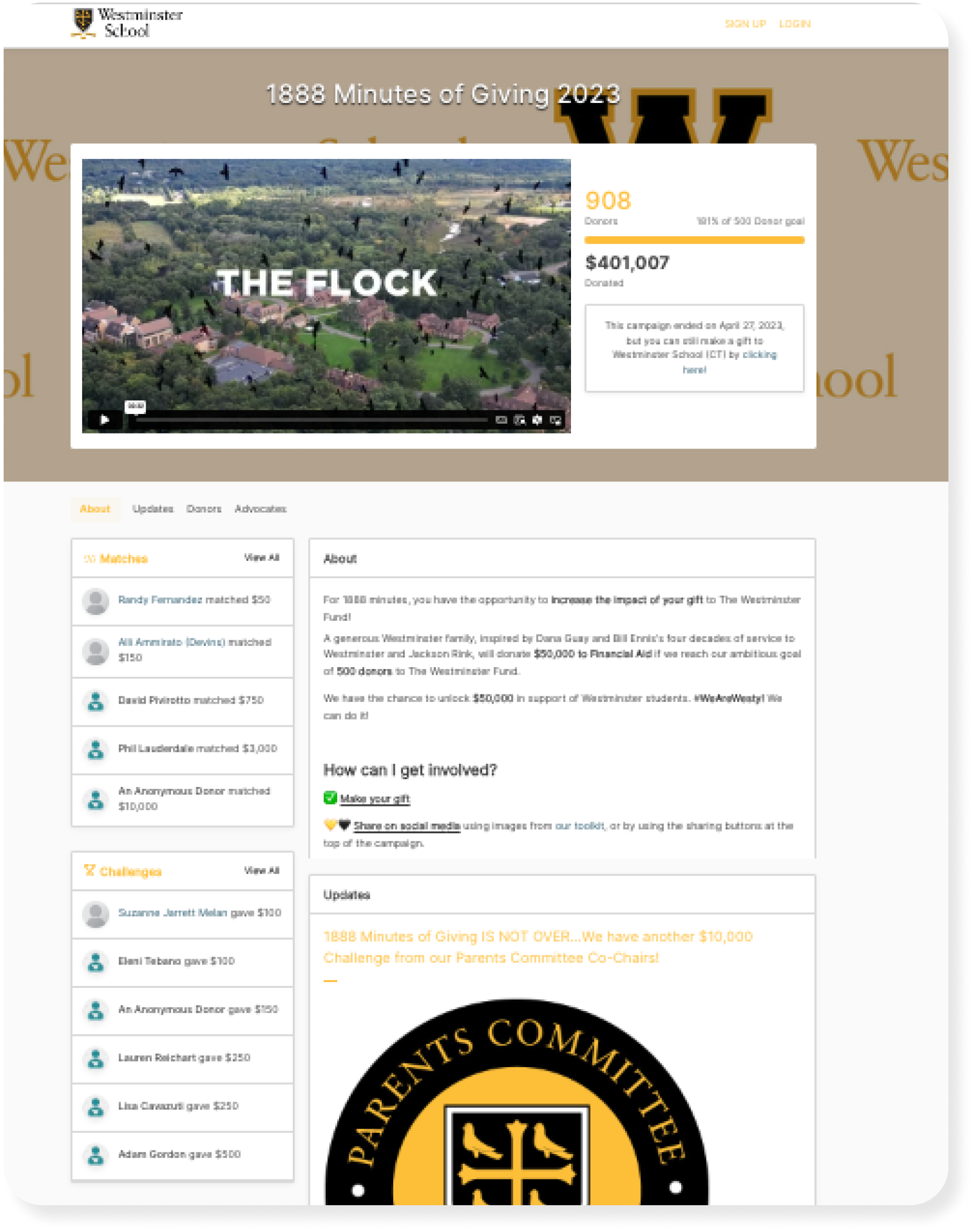 Campaign homepage of Westminster School's 2023 giving day.