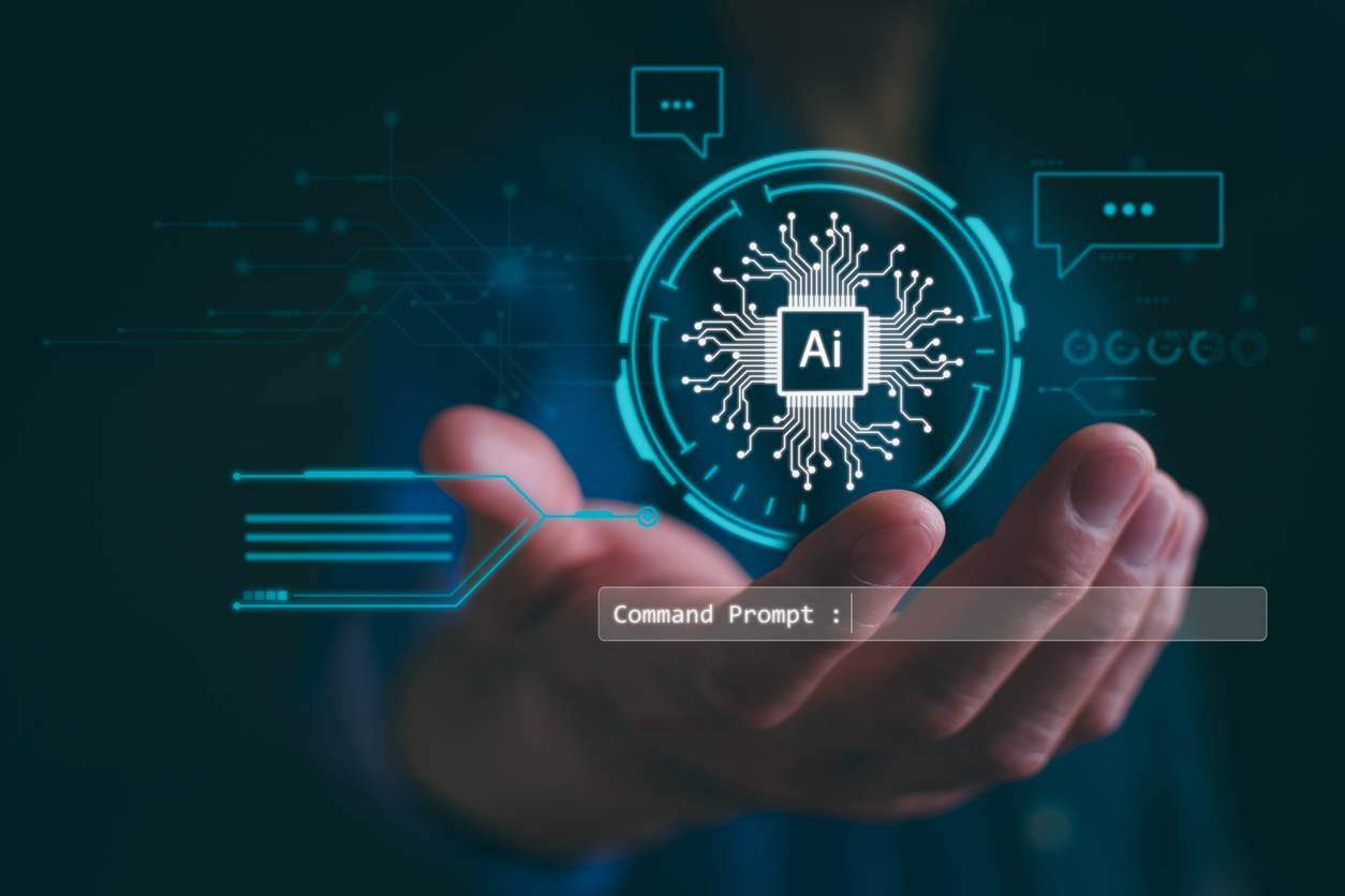Hand holding a computer graphic of AI prompts