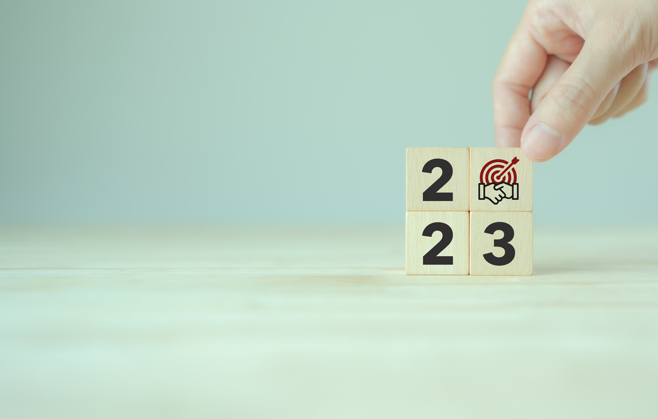 2023 Business common goals and strategies concept. Wooden cubes with text 2023, common goal and strategy icon. Business ecosystem and partnership, team collaboration strategies for goal achievement.